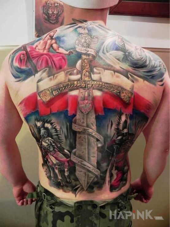Tattoo POLSKA in patriotic motif on the back