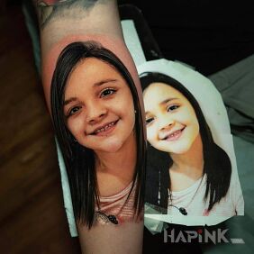 Tattoo Portrait of a daughter on the forearm motif: 3D style: realistic