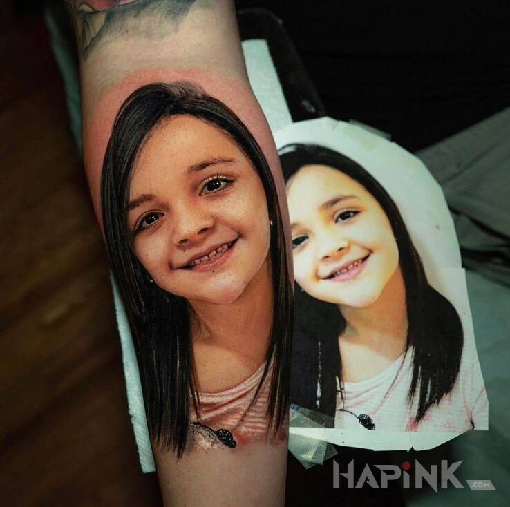Tattoo Portret córki in 3D motif and realistic style on the forearm