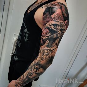 Tattoo Egyptian vibes on the forearm motif: sleeves style: realistic