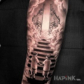 Tattoo Stairway to heaven on the forearm motif: black and gray style: realistic