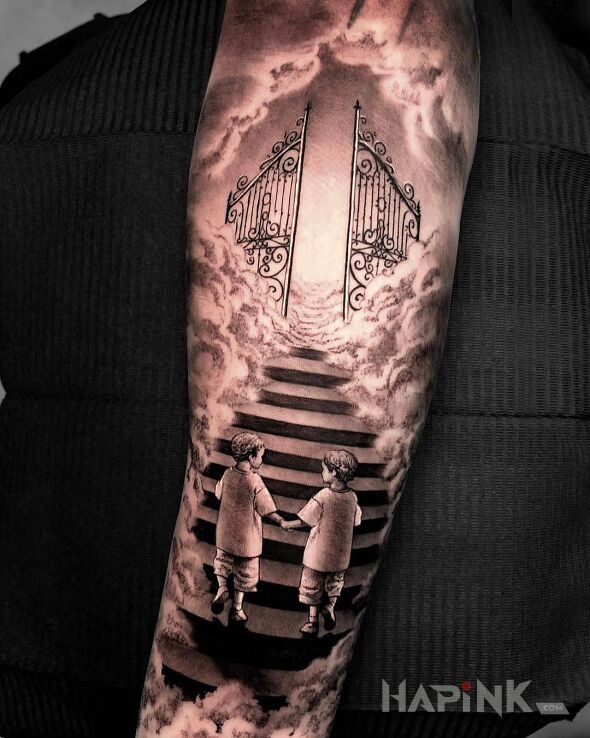 Tattoo Schody do nieba in black and gray motif and realistic style on the forearm