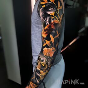 Tattoo Intense colors on the forearm motif: faces style: realistic