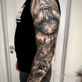 Tattoo Heart in hand on the forearm motif: black and gray style: realistic