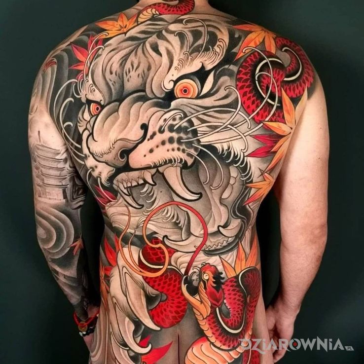 Tatuaż orientalny tygrys w motywie kolorowe i stylu newschool na łopatkach