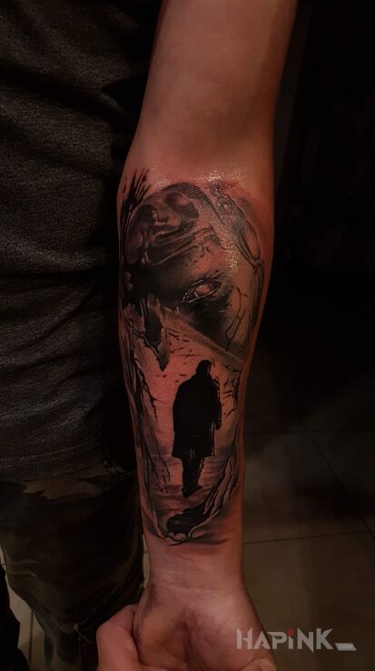 Tattoo Pierwszy tatuaż in characters motif and graphic / illustrative style on the forearm