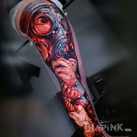 Tattoo Gas mask on the leg motif: legsleeves style: realistic