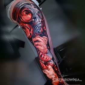 Tatuaż Maska przeciwgazowa na nodze motyw: nogawki styl: realistyczne