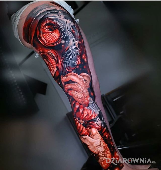 Tatuaż maska przeciwgazowa w motywie nogawki i stylu realistyczne na nodze