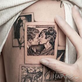 Tattoo Small photo on the leg motif: faces style: graphic / illustrative