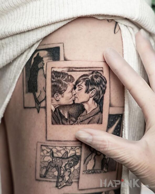Tattoo Mała fotka in faces motif and graphic / illustrative style on the leg