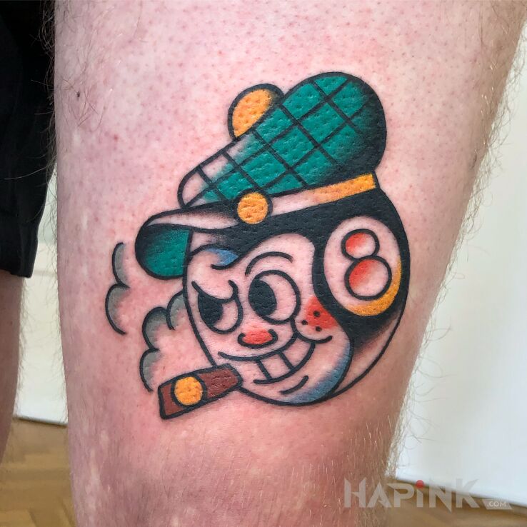 Tattoo Bilard / 8 ball / Ósemka in colorful motif and oldschool style on the leg
