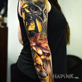 Tattoo Owl with a fox on the upper arm motif: animals style: realistic