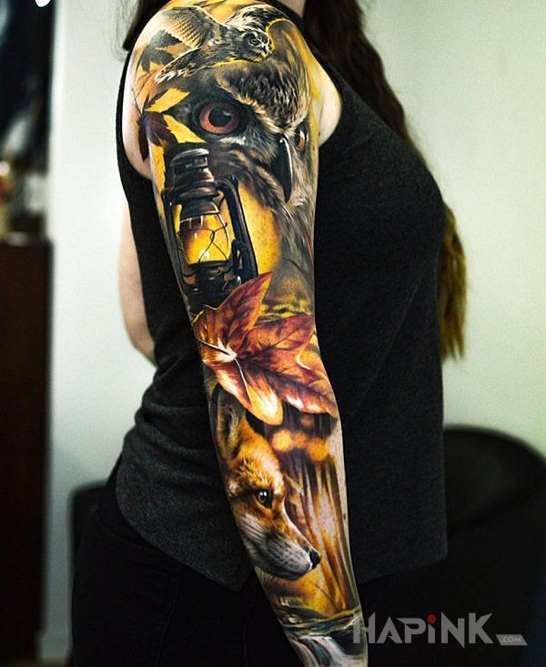 Tattoo Sowa z lisem in 3D motif and realistic style on the upper arm