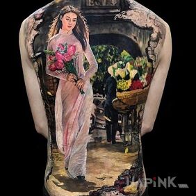 Tattoo Flower girl on the back motif: colorful style: realistic