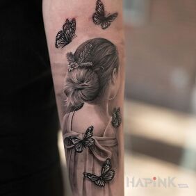 Tattoo Butterflies around the head on the forearm motif: butterflies style: realistic