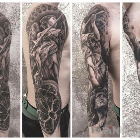 Tattoo Sleeve in sacred-architectural climate on the upper arm motif: religious