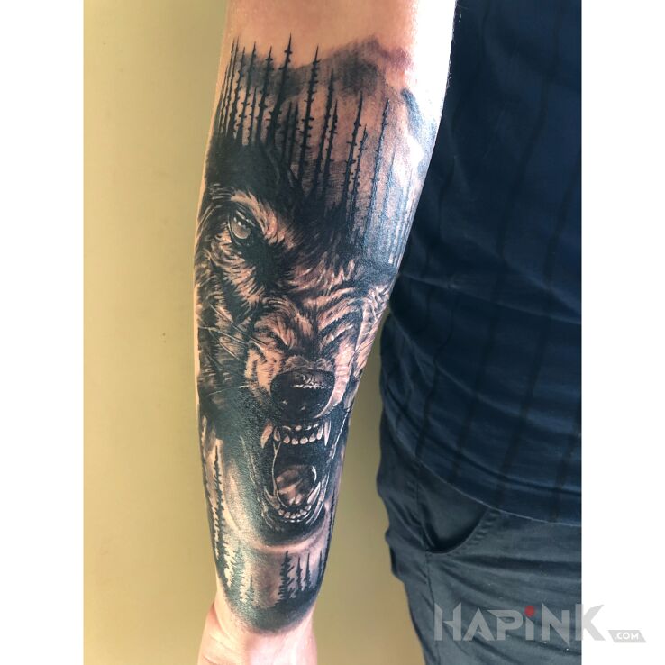 Tattoo Wolf in black and gray motif and realistic style on the forearm