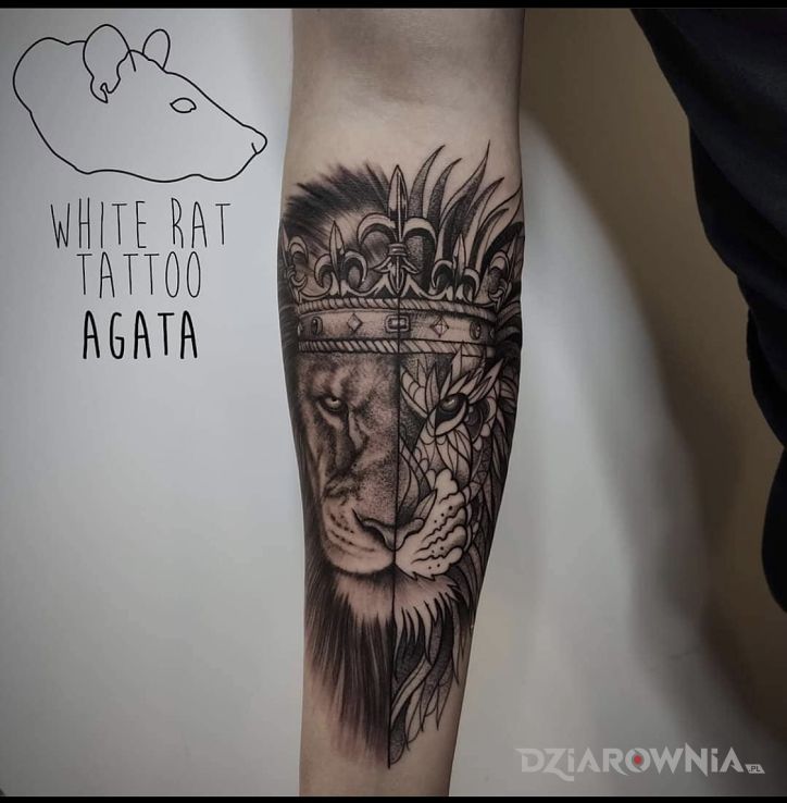 Tatuaż lew w motywie czarno-szare i stylu realistyczne na przedramieniu