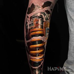 Tattoo Shock absorber on the calf motif: 3D style: biomechanics