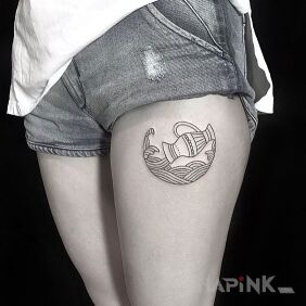 Tattoo Aquarius on the leg motif: zodiac signs style: minimalistic