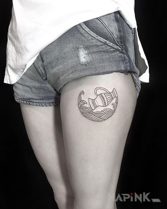 Tattoo Wodnik in zodiac signs motif and contour / linework style on the leg