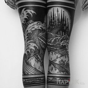 Tattoo Sea and mountains on the calf motif: nature style: engravings / gravure