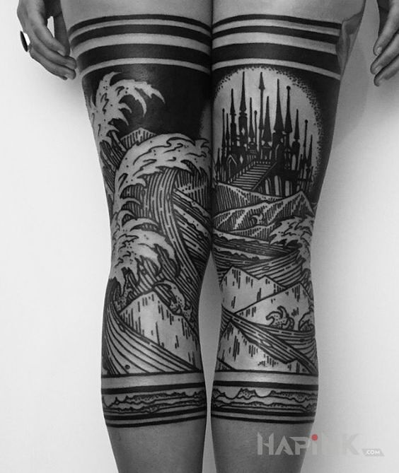 Tattoo Morze i góry in black and gray motif and engravings / gravure style on the leg