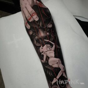 Tattoo Controlled by a demon on the forearm motif: dark style: graphic / illustrative