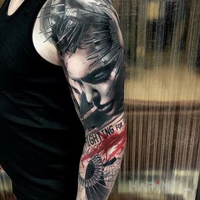 Tattoo Trashpolk portrait on the forearm motif: sleeves style: realistic