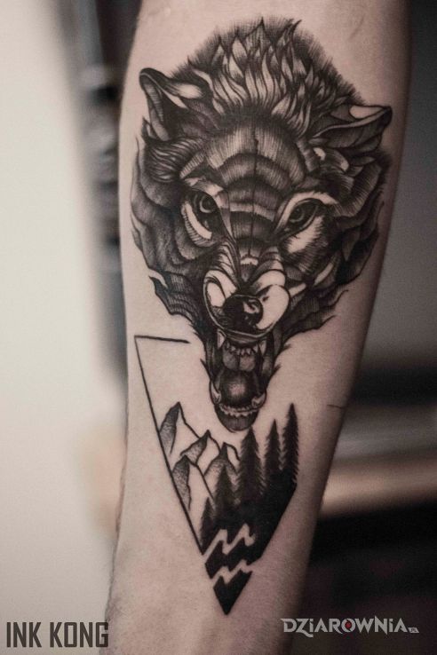 Tatuaż wilk w motywie czarno-szare i stylu graficzne / ilustracyjne na przedramieniu