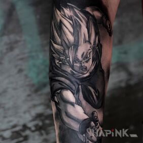 Tattoo Son Gokū on the forearm motif: characters style: cartoon / comic book