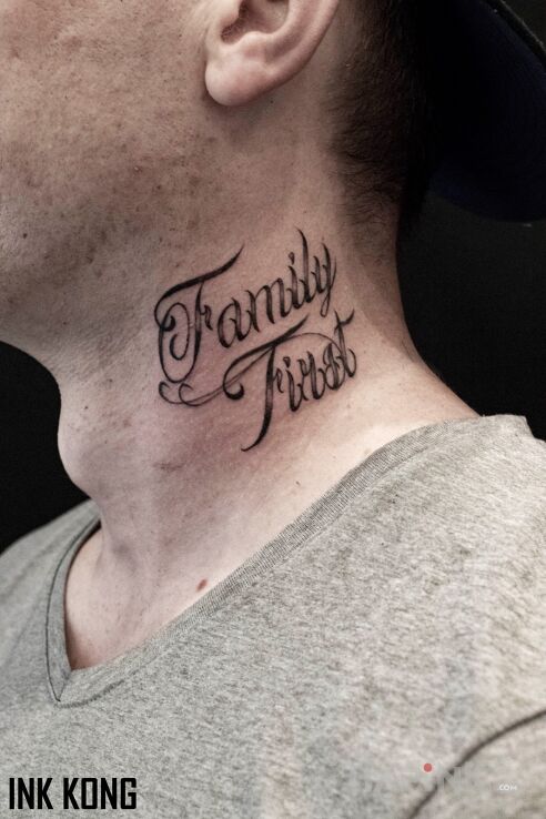 Tattoo Family First in lettering motif and calligraphy style on the neck