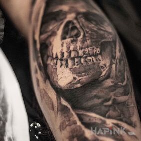 Tattoo Kostucha on the forearm motif: skulls style: realistic