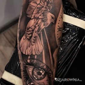 Tatuaż Gołębie oczy na przedramieniu motyw: czarno-szare styl: realistyczne