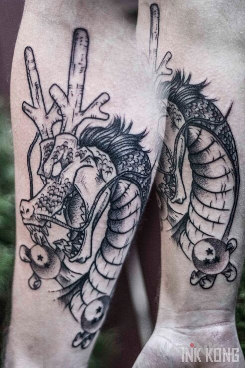 Tattoo Dragon Ball Z in black and gray motif and cartoon / comic book style on the forearm