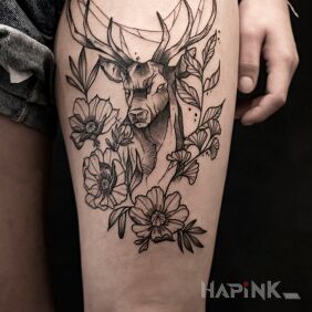 Tattoo Deer on the leg motif: flowers style: graphic / illustrative