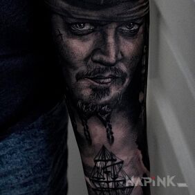 Tattoo Pirates of the Caribbean on the forearm motif: characters style: realistic