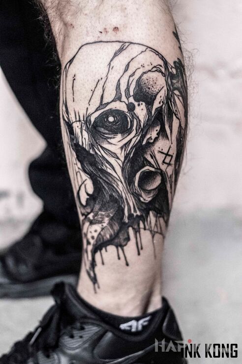 Tattoo Demon in demons motif and sketch style on the calf