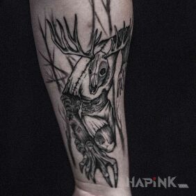 Tattoo Leszy on the forearm motif: dark style: graphic / illustrative