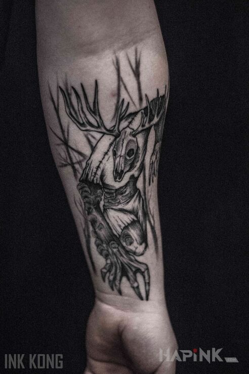 Tattoo Leszy in black and gray motif and graphic / illustrative style on the forearm