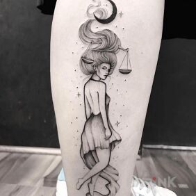Tattoo Weight on the calf motif: black and gray style: graphic / illustrative