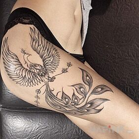 Tattoo Grey phoenix on the leg motif: fantasy style: graphic / illustrative