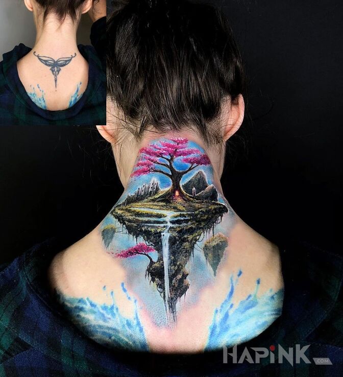Tattoo Mega cover in colorful motif and realistic style on the nape