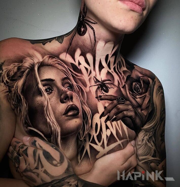 Tattoo Dziewczyna na dziewczynie ? in faces motif and graffiti style on the breast