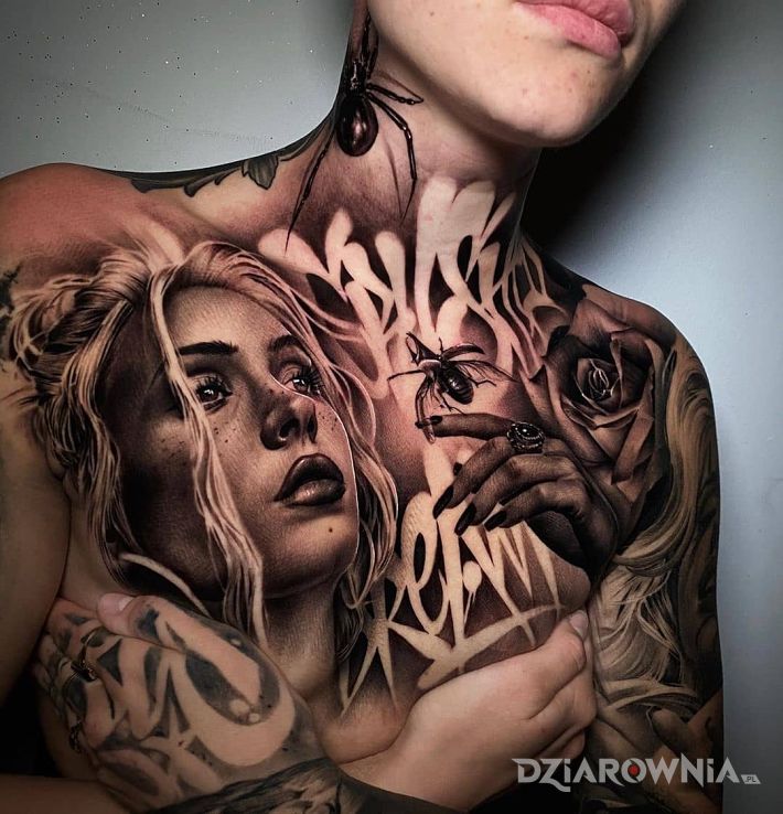 Tatuaż dziewczyna na dziewczynie w motywie 3D i stylu graffiti na szyi