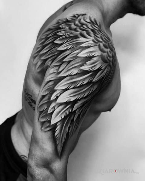 Tatuaż jeszcze jedno skrzydełko w motywie czarno-szare i stylu realistyczne na ramieniu