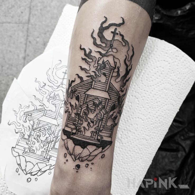 Tattoo Kościół / Ogień / Płomienie in black and gray motif and graphic / illustrative style on the forearm