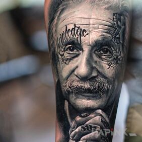 Tattoo Gangsta Einstein on the forearm motif: faces style: realistic