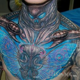 Tattoo Dragonfly lapel on the collarbone motif: skulls style: organic